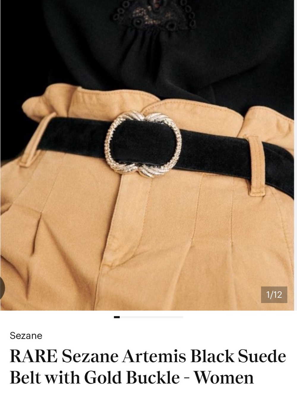 Sezane Artemis Black Suede Belt with Gold-Tone Braided Buckle